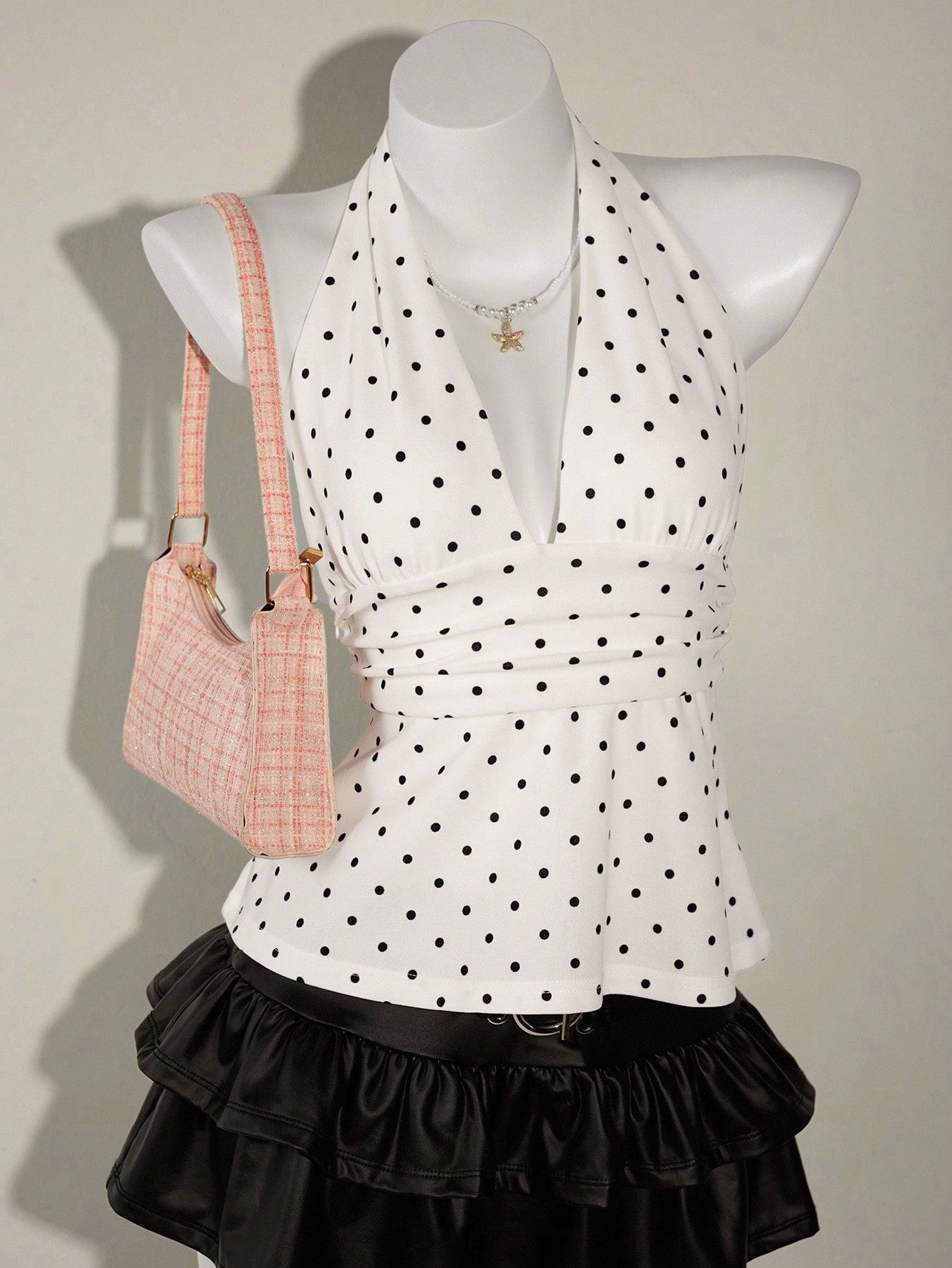 ICON Women's Halter Deep V-Neck Ruched A-Line Backless Polka Dot Camisole
