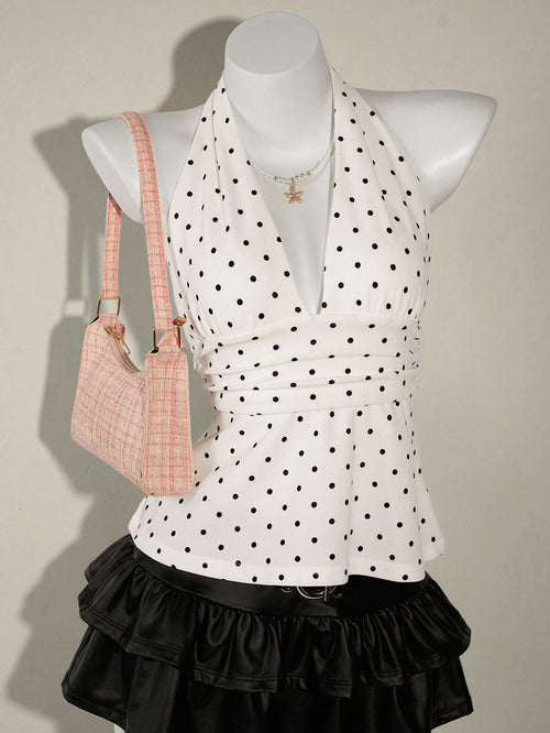 ICON Women's Halter Deep V-Neck Ruched A-Line Backless Polka Dot Camisole
