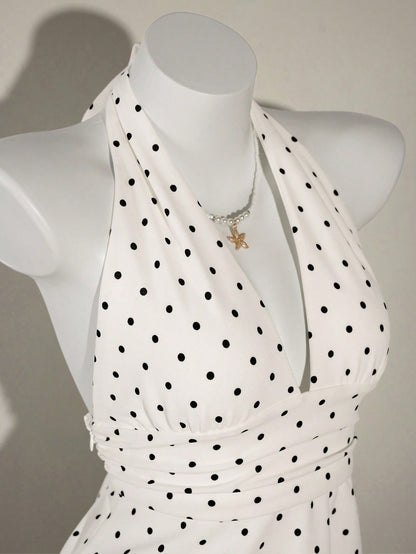 ICON Women's Halter Deep V-Neck Ruched A-Line Backless Polka Dot Camisole