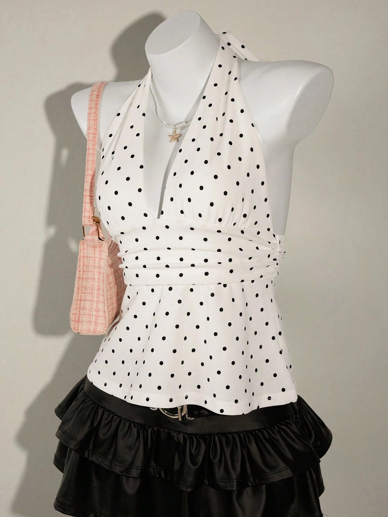 ICON Women's Halter Deep V-Neck Ruched A-Line Backless Polka Dot Camisole