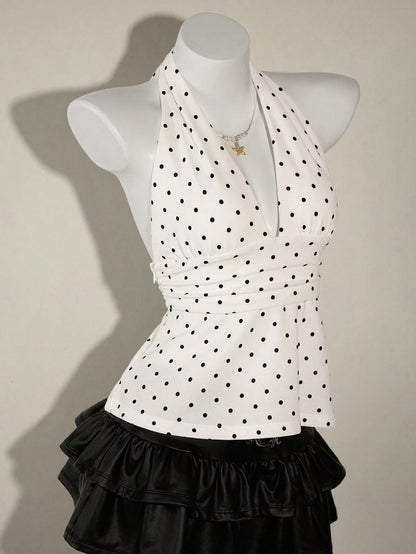 ICON Women's Halter Deep V-Neck Ruched A-Line Backless Polka Dot Camisole