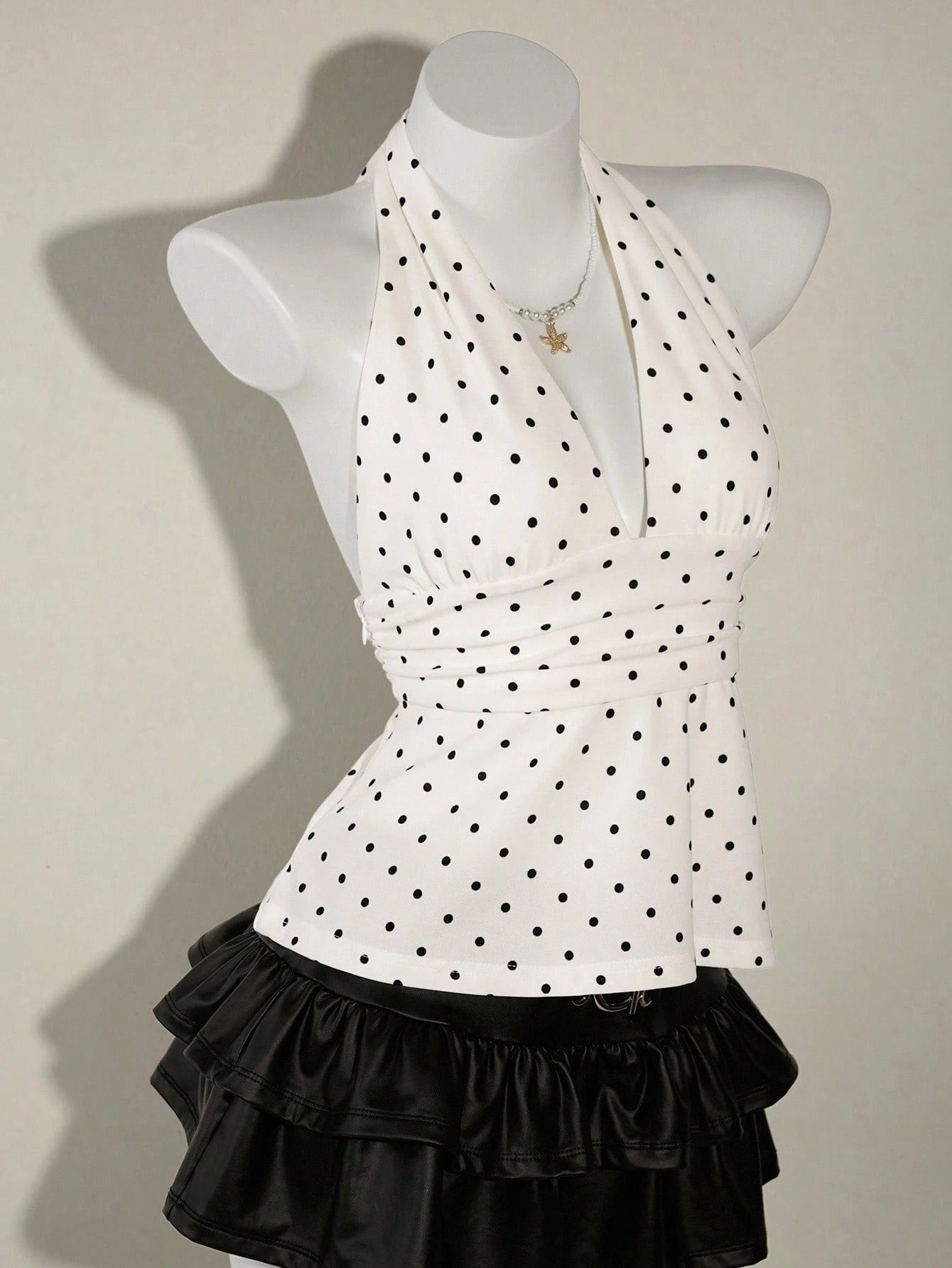 ICON Women's Halter Deep V-Neck Ruched A-Line Backless Polka Dot Camisole
