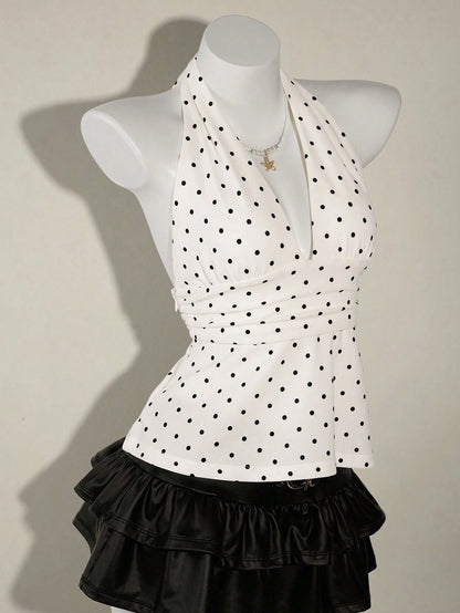 ICON Women's Halter Deep V-Neck Ruched A-Line Backless Polka Dot Camisole
