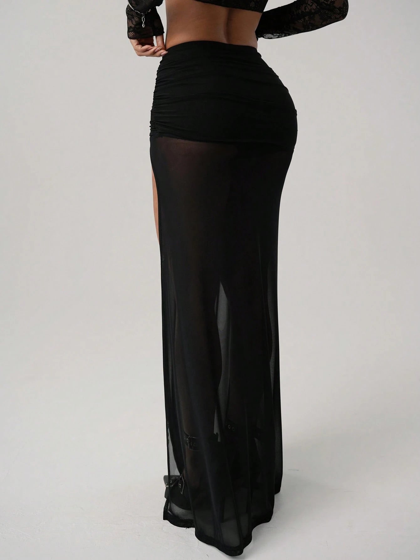 ICON Women's High Slit Black Mesh Ruched Waist Sexy Vacation Metal Decor Skirt