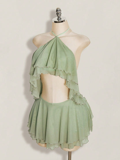 ICON Women's Multi-Layer Ruffle Halter Neck Backless Sexy Dress Night Out Sage Green Summer
