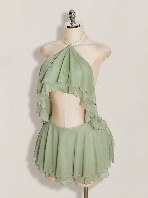 ICON Women's Multi-Layer Ruffle Halter Neck Backless Sexy Dress Night Out Sage Green Summer
