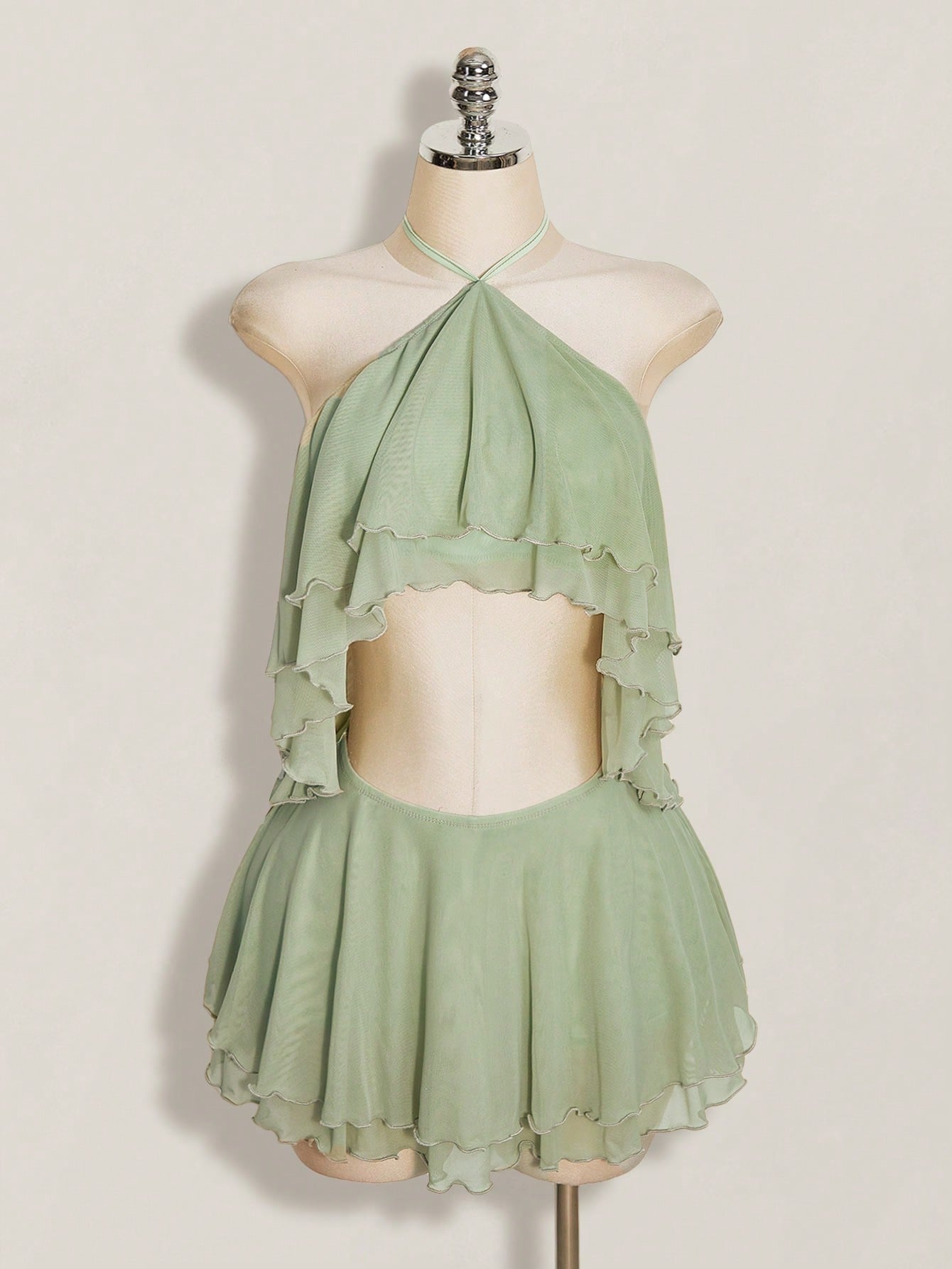 ICON Women's Multi-Layer Ruffle Halter Neck Backless Sexy Dress Night Out Sage Green Summer