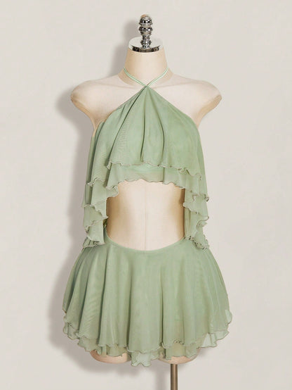 ICON Women's Multi-Layer Ruffle Halter Neck Backless Sexy Dress Night Out Sage Green Summer