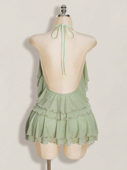 ICON Women's Multi-Layer Ruffle Halter Neck Backless Sexy Dress Night Out Sage Green Summer