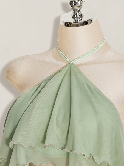 ICON Women's Multi-Layer Ruffle Halter Neck Backless Sexy Dress Night Out Sage Green Summer