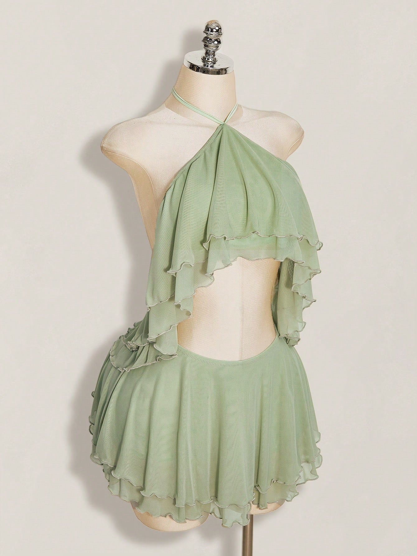 ICON Women's Multi-Layer Ruffle Halter Neck Backless Sexy Dress Night Out Sage Green Summer