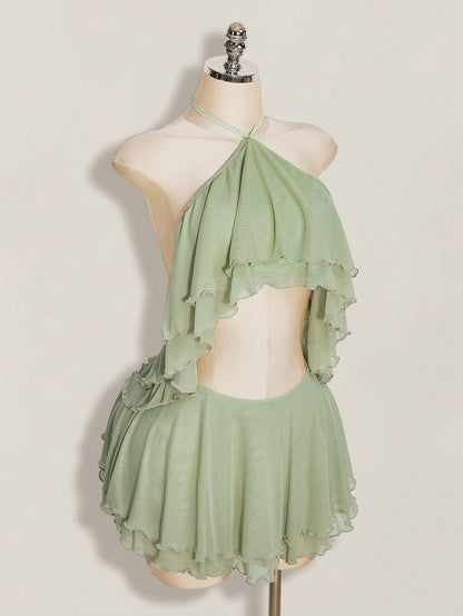 ICON Women's Multi-Layer Ruffle Halter Neck Backless Sexy Dress Night Out Sage Green Summer