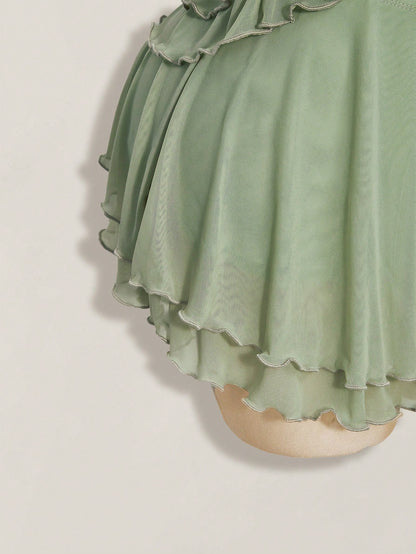 ICON Women's Multi-Layer Ruffle Halter Neck Backless Sexy Dress Night Out Sage Green Summer