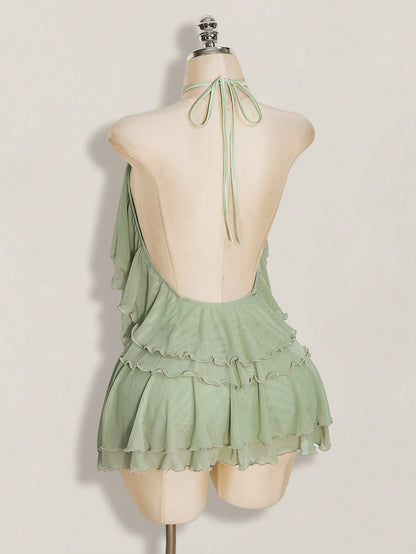 ICON Women's Multi-Layer Ruffle Halter Neck Backless Sexy Dress Night Out Sage Green Summer