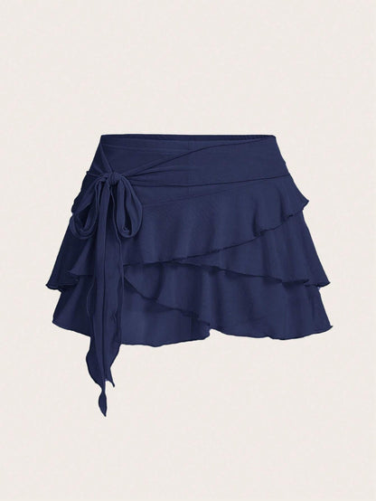 ICON Women's Multi-Layer Ruffle Trim Low Rise Y2K Mini Black Skirt