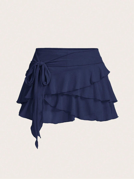ICON Women's Multi-Layer Ruffle Trim Low Rise Y2K Mini Black Skirt