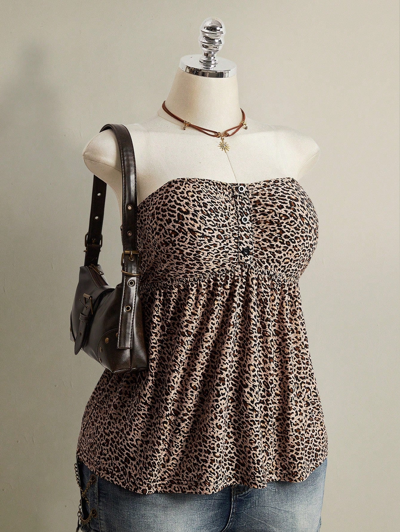 ICON Women's Plus Size Retro 1950s Vintage Sexy Individual Casual Y2K Urban Modern Leopard Print Bandeau Knit Top Date Night Rave Beige Summer