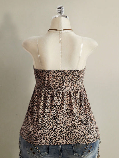 ICON Women's Plus Size Retro 1950s Vintage Sexy Individual Casual Y2K Urban Modern Leopard Print Bandeau Knit Top Date Night Rave Beige Summer