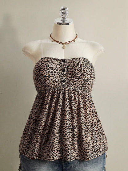 ICON Women's Plus Size Retro 1950s Vintage Sexy Individual Casual Y2K Urban Modern Leopard Print Bandeau Knit Top Date Night Rave Beige Summer