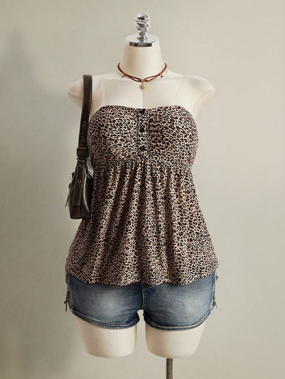 ICON Women's Plus Size Retro 1950s Vintage Sexy Individual Casual Y2K Urban Modern Leopard Print Bandeau Knit Top Date Night Rave Beige Summer