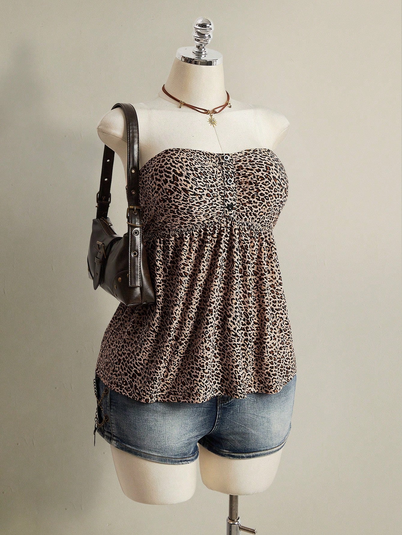 ICON Women's Plus Size Retro 1950s Vintage Sexy Individual Casual Y2K Urban Modern Leopard Print Bandeau Knit Top Date Night Rave Beige Summer