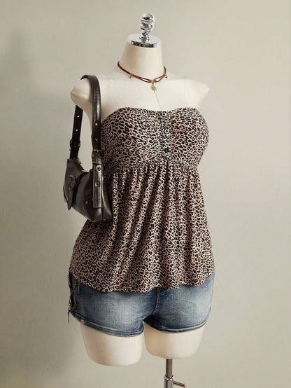 ICON Women's Plus Size Retro 1950s Vintage Sexy Individual Casual Y2K Urban Modern Leopard Print Bandeau Knit Top Date Night Rave Beige Summer
