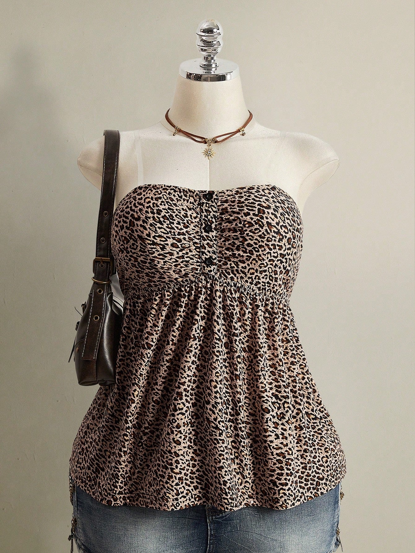 ICON Women's Plus Size Retro 1950s Vintage Sexy Individual Casual Y2K Urban Modern Leopard Print Bandeau Knit Top Date Night Rave Beige Summer