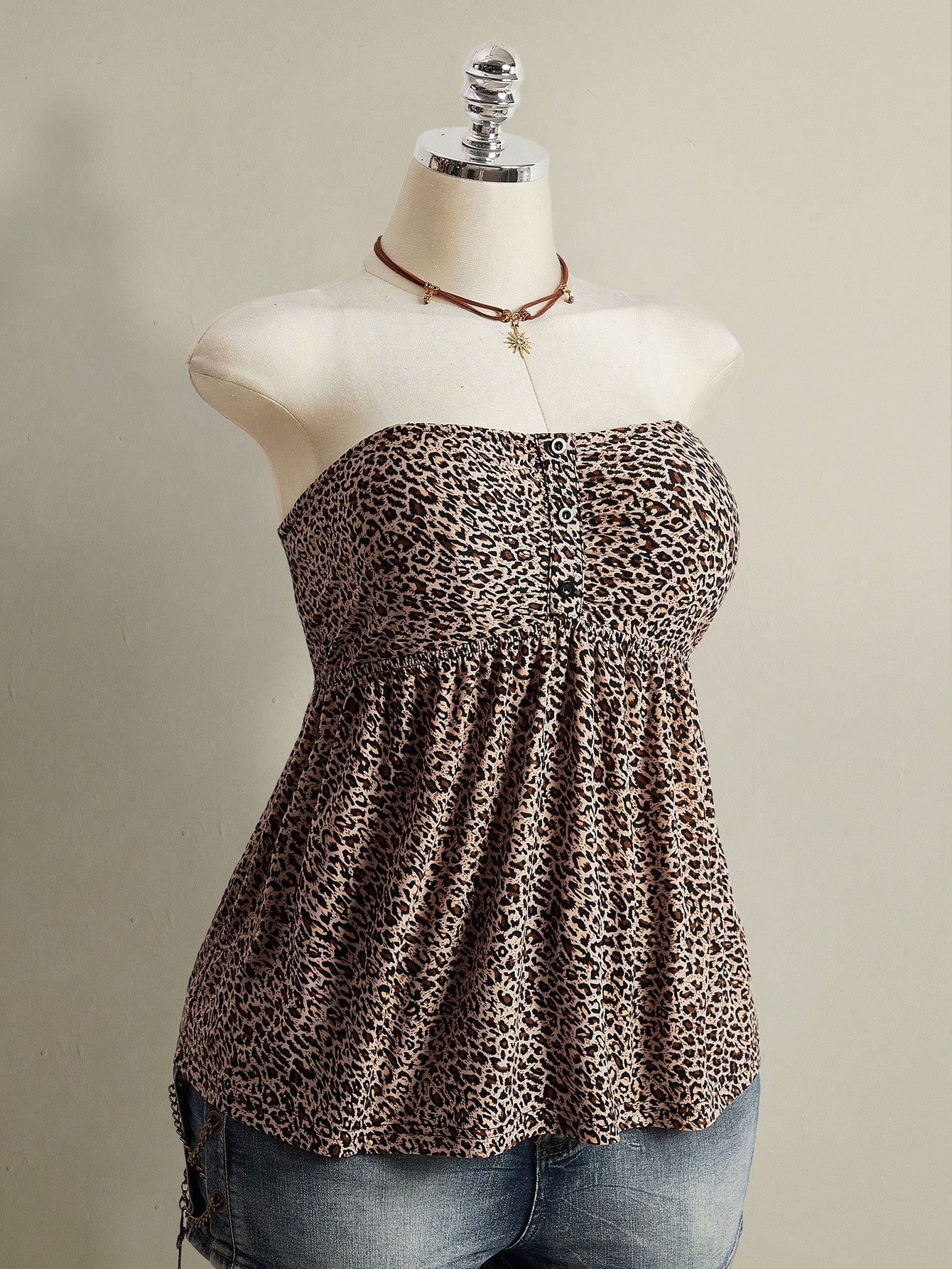 ICON Women's Plus Size Retro 1950s Vintage Sexy Individual Casual Y2K Urban Modern Leopard Print Bandeau Knit Top Date Night Rave Beige Summer