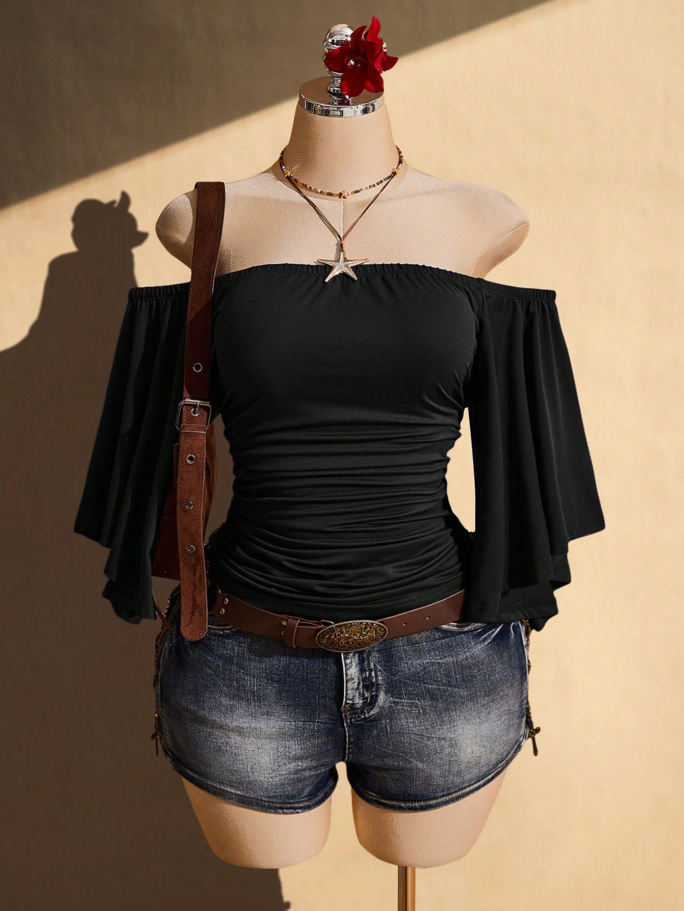 ICON Women's Plus Size Solid Color Off-Shoulder Ruched Waist Blouse