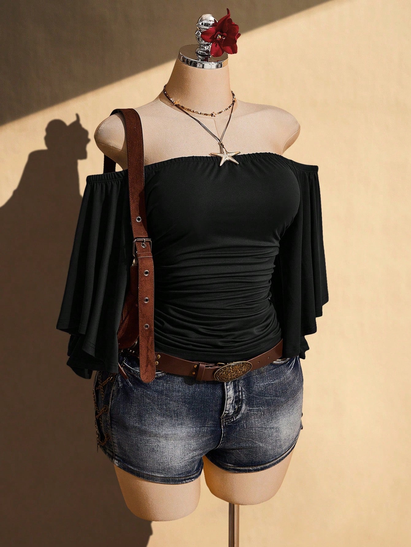 ICON Women's Plus Size Solid Color Off-Shoulder Ruched Waist Blouse