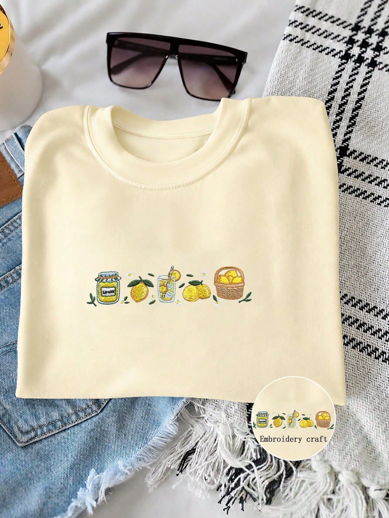 INAWLY Embroidered Lemon Print Summer T-Shirt,White Casual Cute Graphic Picnic Tee,Fashionable Women Fruit Blouse,Food Lover Gift Shirt For Her,Ladies Vibe