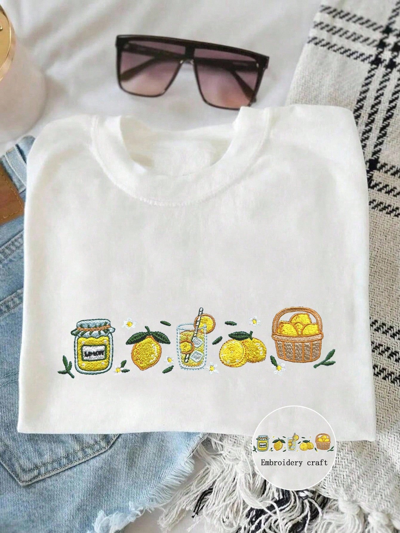 INAWLY Embroidered Lemon Print Summer T-Shirt,White Casual Cute Graphic Picnic Tee,Fashionable Women Fruit Blouse,Food Lover Gift Shirt For Her,Ladies Vibe