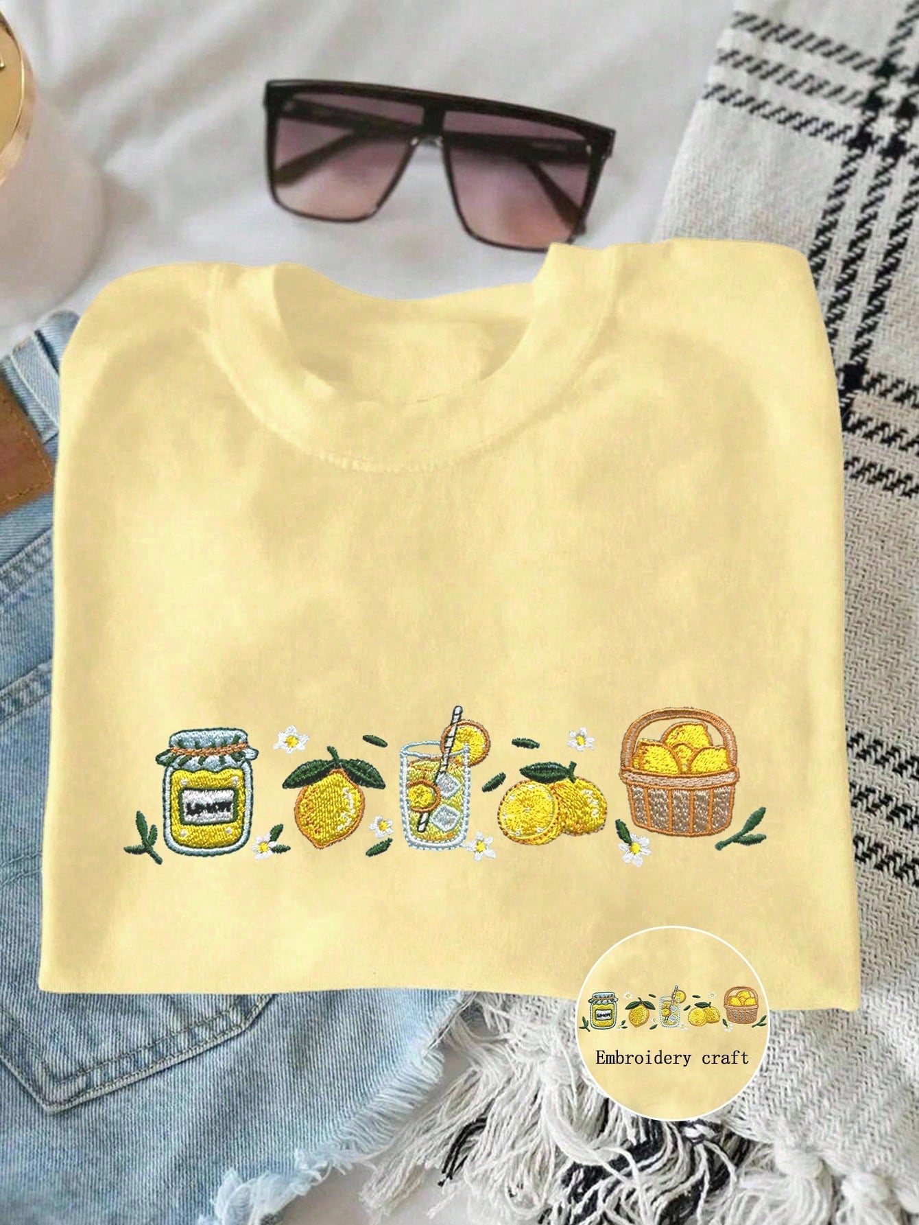 INAWLY Embroidered Lemon Print Summer T-Shirt,White Casual Cute Graphic Picnic Tee,Fashionable Women Fruit Blouse,Food Lover Gift Shirt For Her,Ladies Vibe