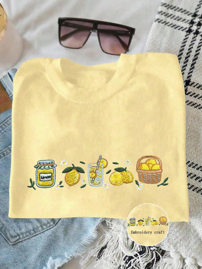 INAWLY Embroidered Lemon Print Summer T-Shirt,White Casual Cute Graphic Picnic Tee,Fashionable Women Fruit Blouse,Food Lover Gift Shirt For Her,Ladies Vibe