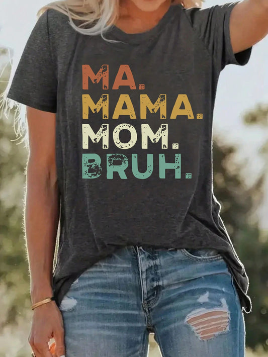 INAWLY Plus Size Mother's Day Letter Print Round Neck Casual T-Shirt, MA MAMA MOM BRUH Graphic Tee, Women Summer Top