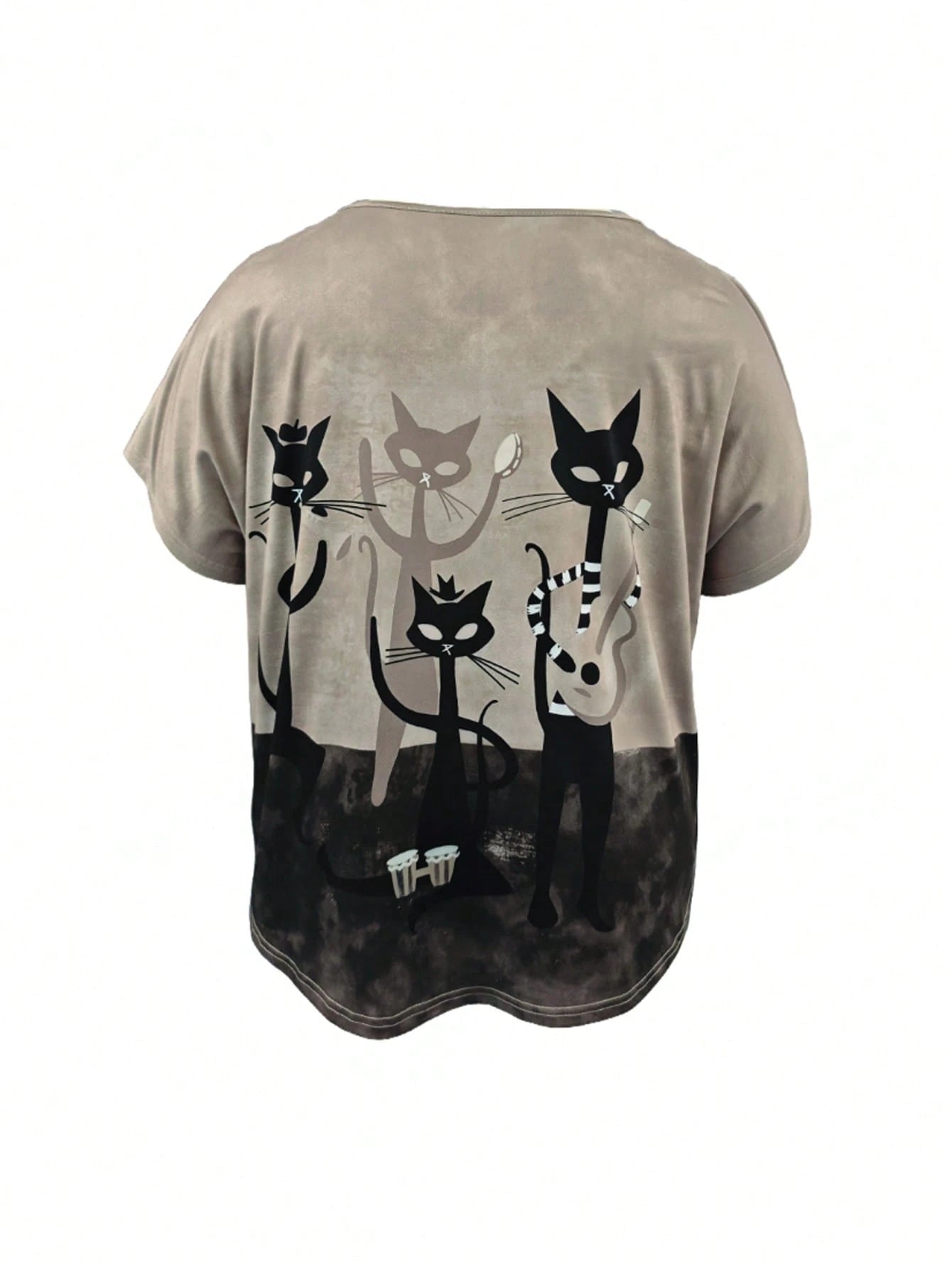 INAWLY Plus Size Women Casual Loose V-Neck Cat Print Short Sleeve T-Shirt