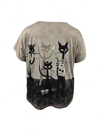 INAWLY Plus Size Women Casual Loose V-Neck Cat Print Short Sleeve T-Shirt