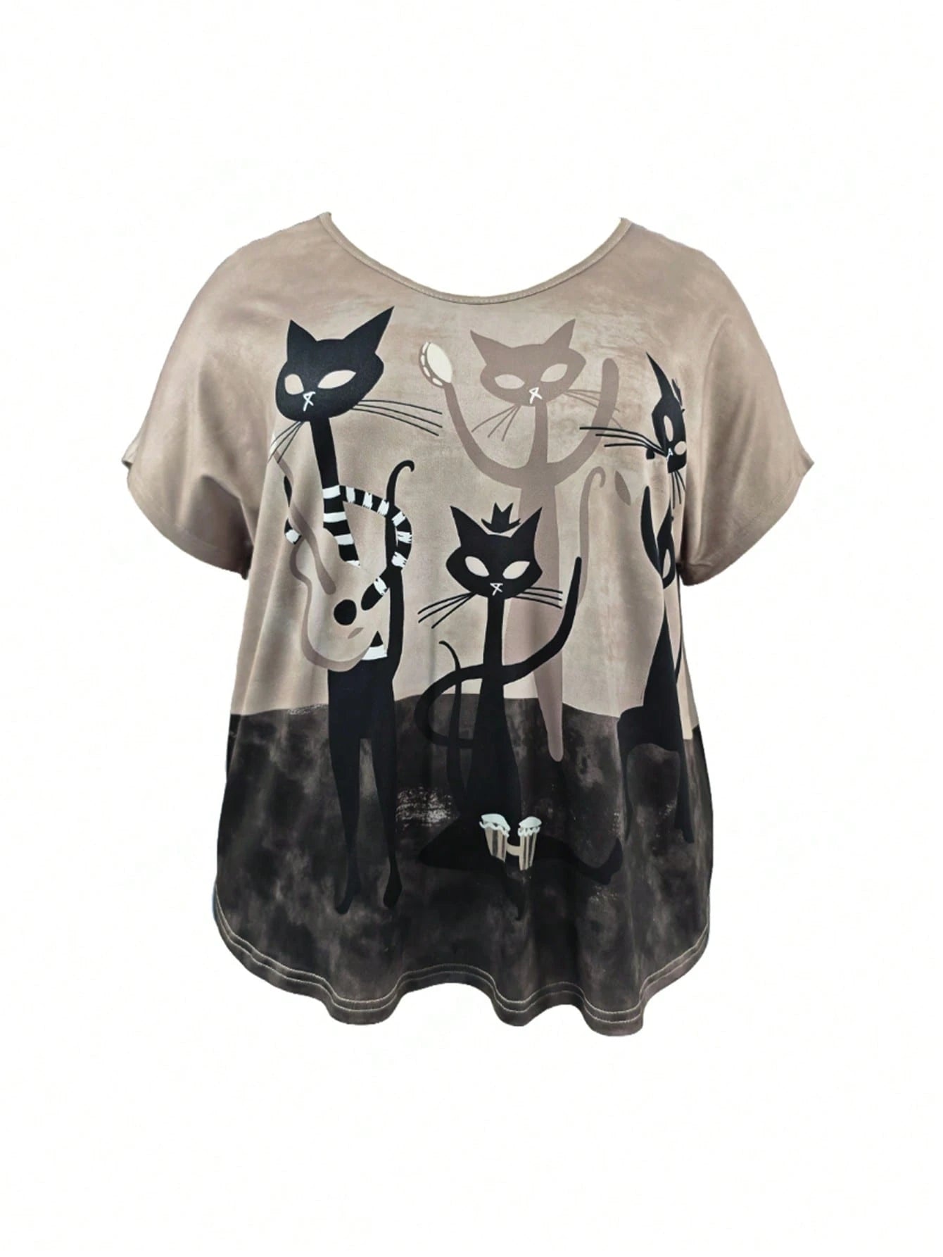 INAWLY Plus Size Women Casual Loose V-Neck Cat Print Short Sleeve T-Shirt