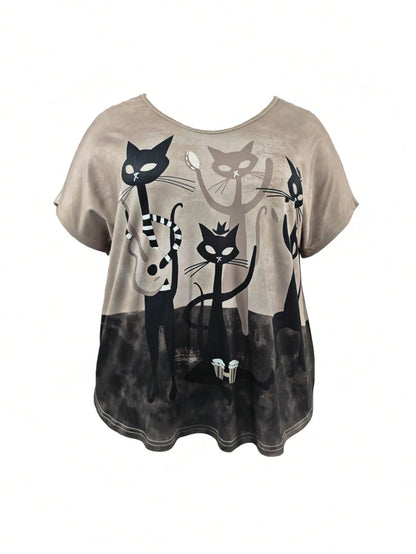INAWLY Plus Size Women Casual Loose V-Neck Cat Print Short Sleeve T-Shirt