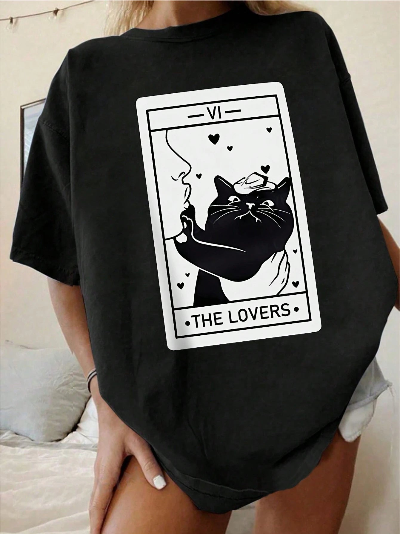 INAWLY Plus Size Women's Casual Short Sleeve T-Shirt With Letter And Cat Print