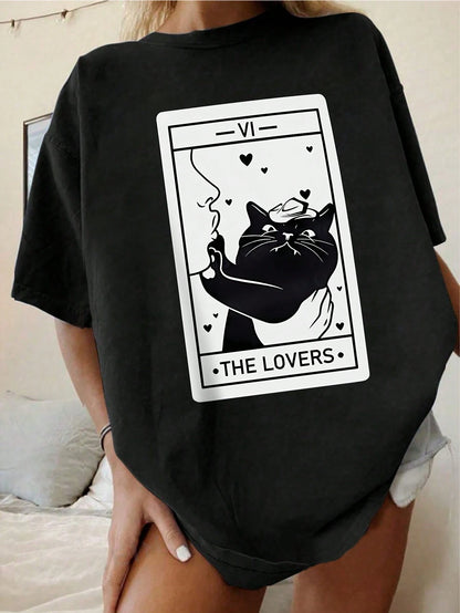 INAWLY Plus Size Women's Casual Short Sleeve T-Shirt With Letter And Cat Print