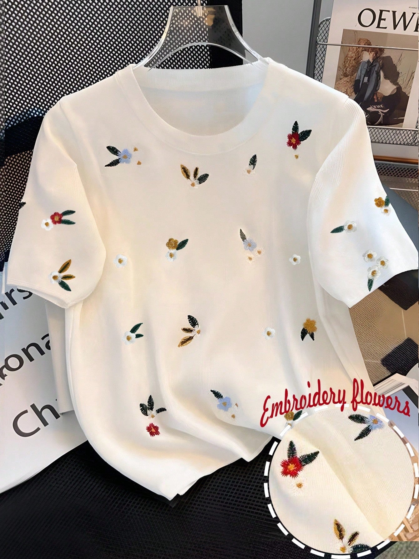 INAWLY Plus Size Women's Floral Embroidery Round Neck T-Shirt, Summer