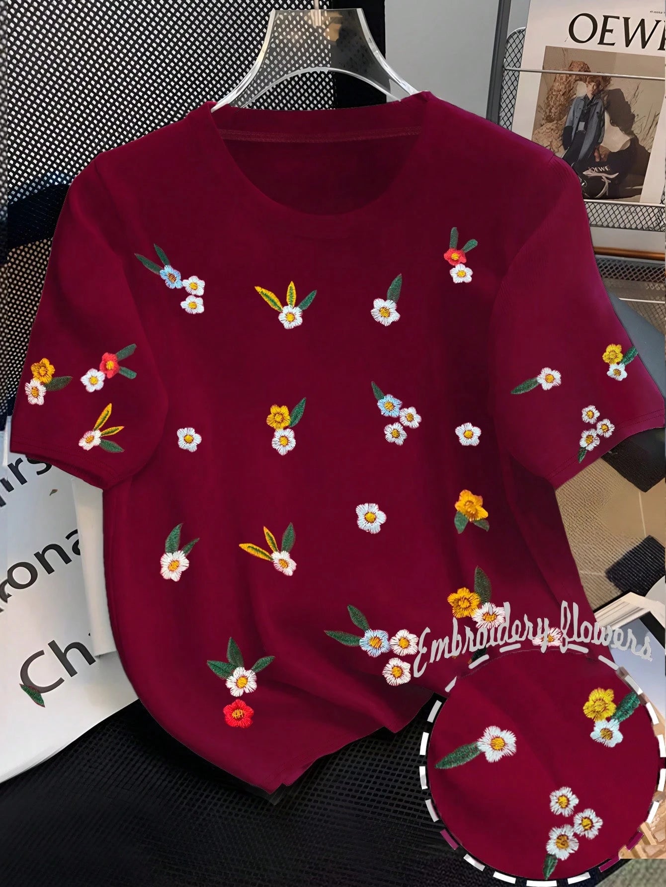 INAWLY Plus Size Women's Floral Embroidery Round Neck T-Shirt, Summer
