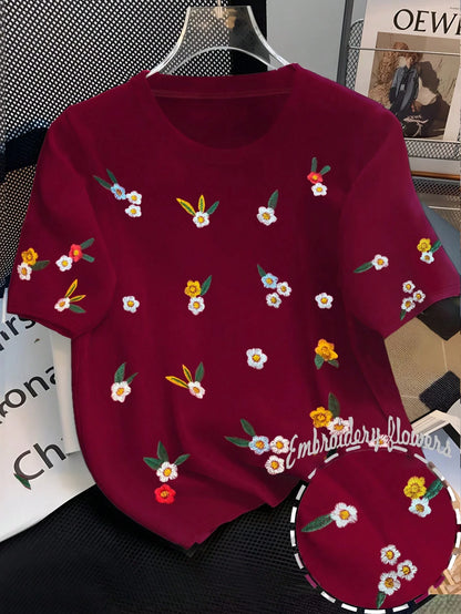 INAWLY Plus Size Women's Floral Embroidery Round Neck T-Shirt, Summer