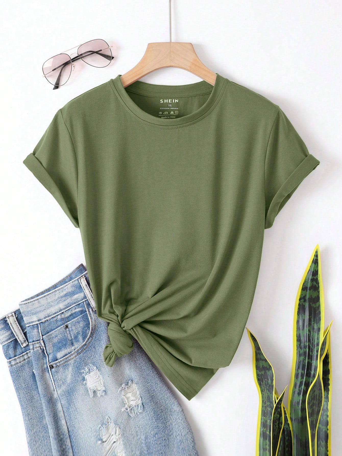 INAWLY Plus Size Women's Solid Color Round Neck Short Sleeve T-Shirt