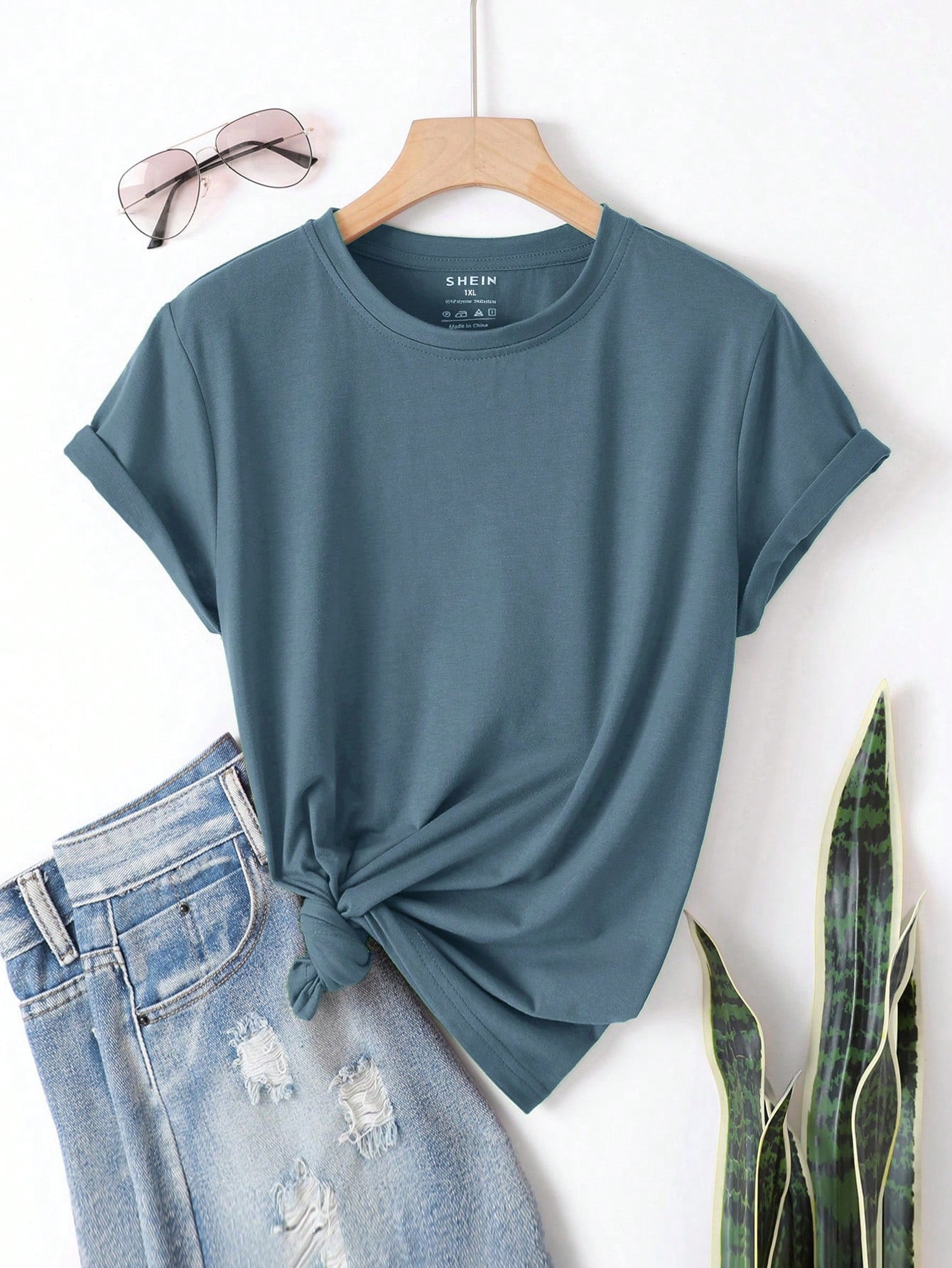 INAWLY Plus Size Women's Solid Color Round Neck Short Sleeve T-Shirt