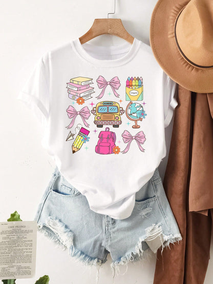 INAWLY Plus Size Women Summer Bowknot Print Round Neck Short Sleeve Casual T-Shirt Graphic Tees Women Tops