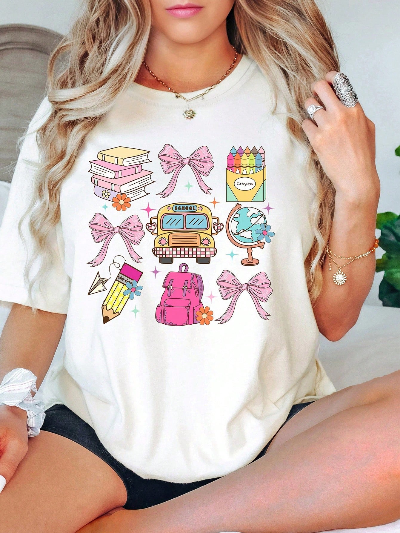 INAWLY Plus Size Women Summer Bowknot Print Round Neck Short Sleeve Casual T-Shirt Graphic Tees Women Tops