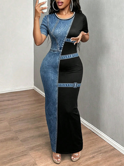 INAWLY Solva Women's New Best-Selling Denim Print Slim Fit Casual Dress