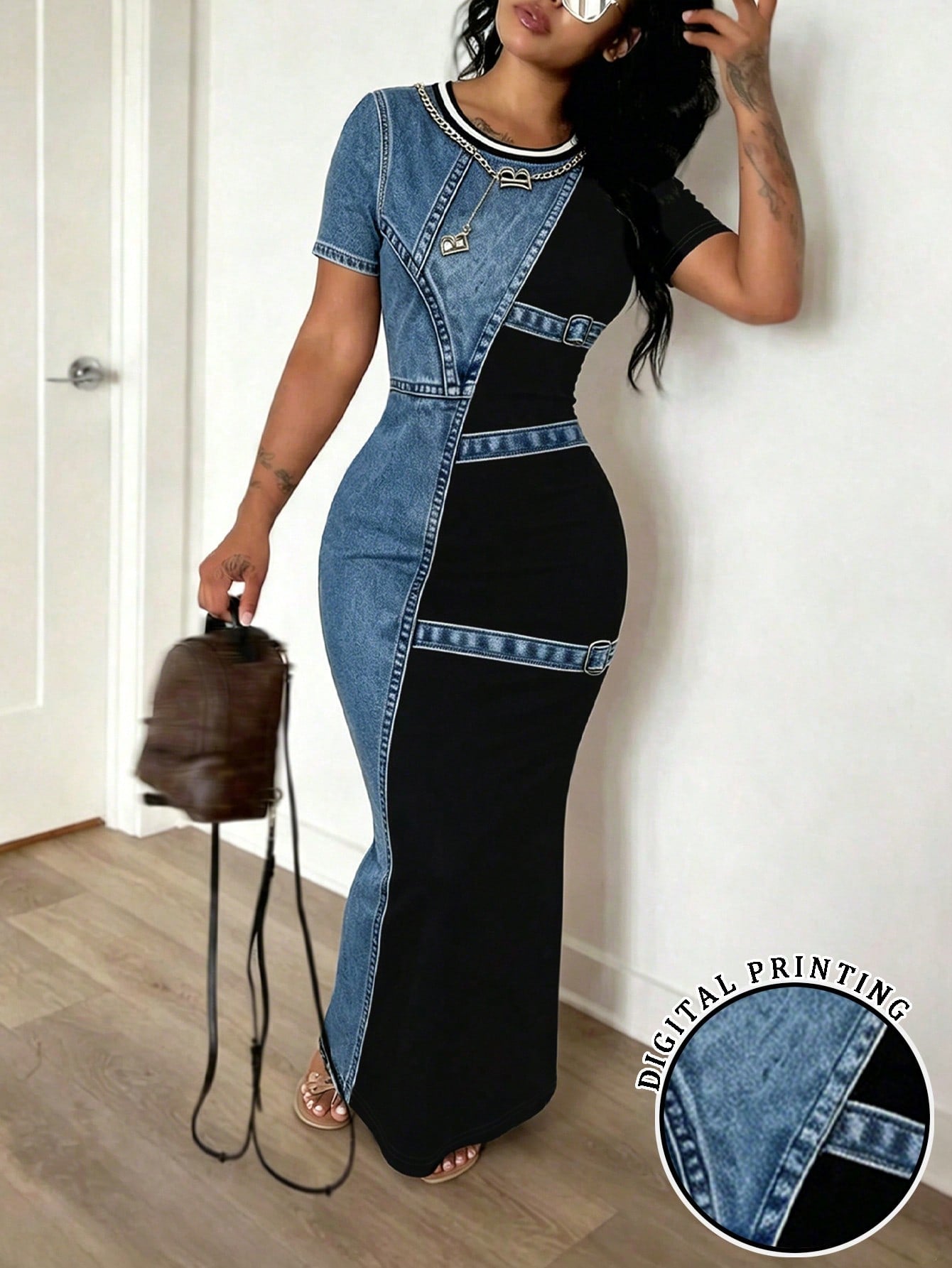INAWLY Solva Women's New Best-Selling Denim Print Slim Fit Casual Dress